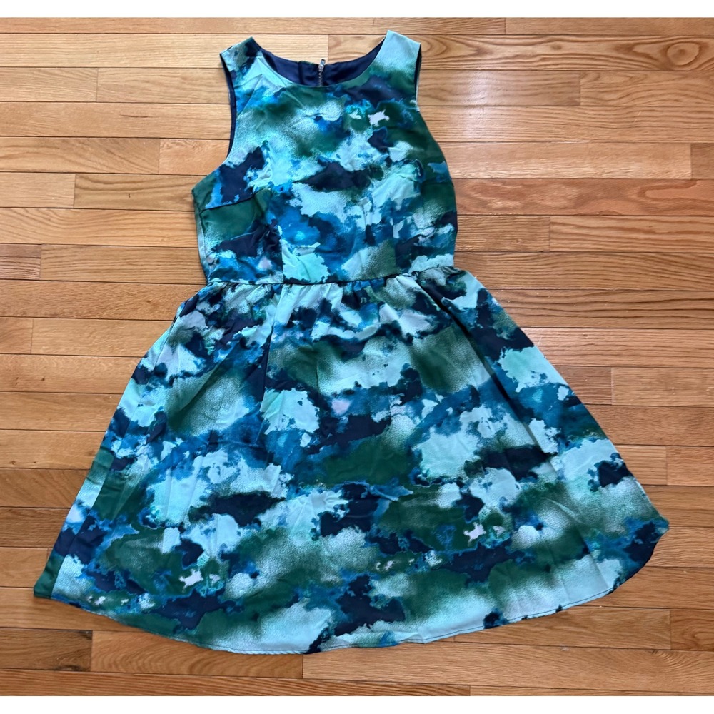 Mossimo Womens Blue Green Abstract Watercolor Sleeveless Fit Flare Dress Size 10